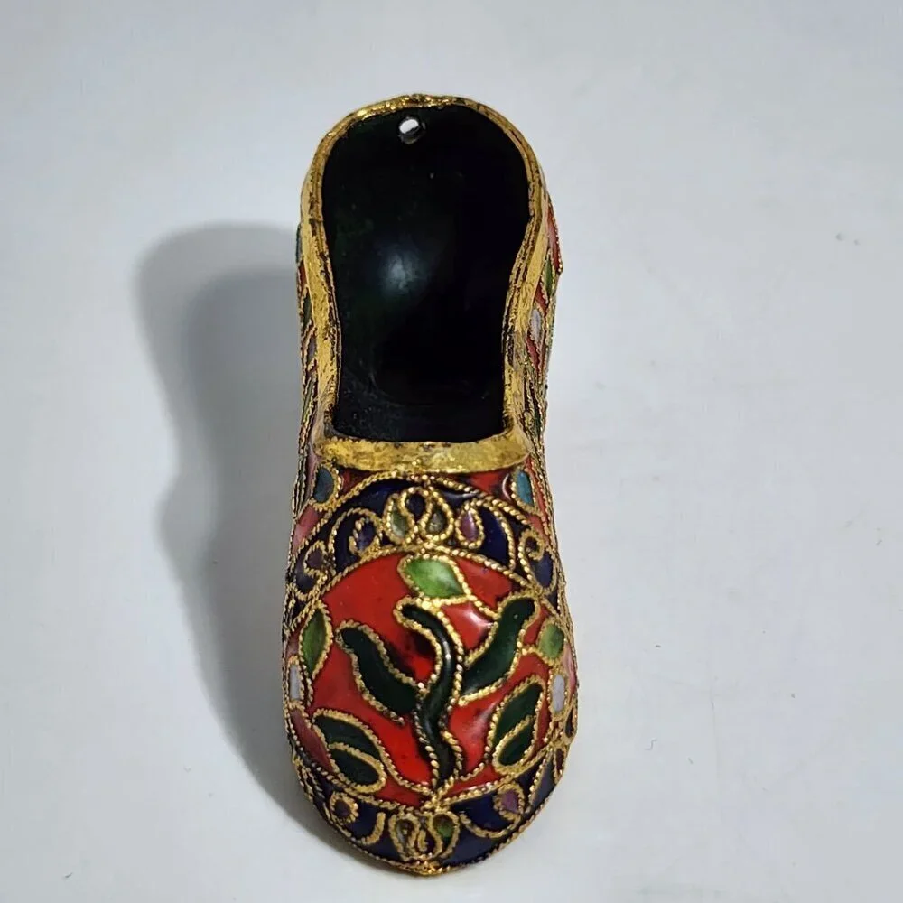 Enameled Cloisonne Miniature Shoe With Floral Design & Gold Detailing